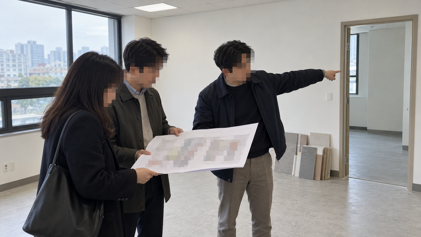 얼굴과 도면을 모자이크 처리한 개원 공간 현장 점검 장면 | AI 생성 이미지